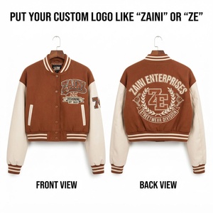 Women Crop Top Varsity <b>Jacket</b> 450 GSM Wool Blend Brown <b>Cream</b> PU Leather Sleeves Rib Knit Trim Embroidered Custom Logo Streetwear - Product Image 1