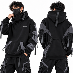 เสื้อฮู้ดดี้ทรงโอเวอร์ไซส์ คอสูง ดีไซน์ทันสมัย สไตล์เทคแวร์ สายปรับได้ แต่งแขนเสื้อแบบเลเยอร์  พร้อมลายปัก กันน้ำ - Product Image 1