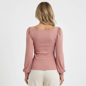 Haut côtelé à col carré et manches longues pour femme, coupe ajustée, extensible, respirant, en maille douce, tendance, vente en gros - Product Image 2