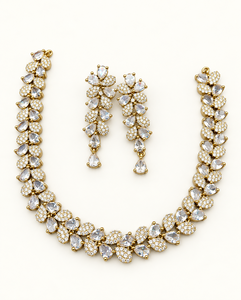 Leaf Vine Collar AD Necklace <b>Set</b> With Dangle Earrings Antique Gold Plated Sparkling Pear Gem Leaf Branch Jewelry <b>Set</b> Collections - Product Image 3