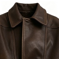 Blouson aviateur en cuir PU marron, col rabattu, fermeture éclair, longueur courte, style moto unisexe, vêtement d'automne