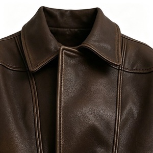 Brown PU <b>Leather</b> Bomber <b>Jacket</b> Turn-down Collar Zipper Closure Short Length Unisex Moto Style Autumn Wear - Product Image 3