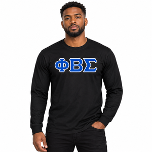 Phi Beta Sigma <b>Black</b> <b>Long</b> <b>Sleeve</b> <b>T</b> <b>Shirt</b> with Blue White Greek Letter Chest Print O Neck Ribbed Cuffs Unisex Fraternity Apparel - Product Image 1