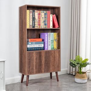 Bibliothèque à 2 niveaux en noyer avec portes, armoire de rangement pour livres, photos, décorations pour salon, bureau ou bibliothèque - Product Image 2