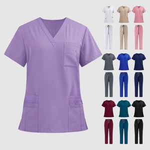 wholesale custom khaki healthcare uniforms women v neck nurse <b>scrubs</b> set short sleeve <b>salon</b> clinic workwear apparel - Product Image 4