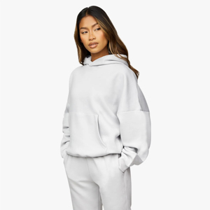 Women's Light Gray Hooded Tracksuit Full Sleeve Solid Color Casual Wear With Side Pockets Elastic Waist Autumn Style - Product Image 2