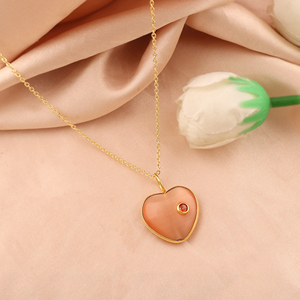 Gemstone Peach Cat's Eye Cubic Zirconia Pendant heart shape pendant Cable Chain 18K Gold Plated Brass Punk gift for birthday - Product Image 3