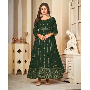 Elegante Traje Anarkali Verde para Mujer, Manga 3/4, Georgette Crepé, Semi-Cosido, para Bodas y Ocasiones Festivas - Product Image 1