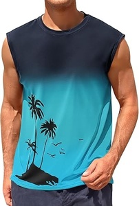 Débardeur sans manches dégradé pour homme, col rond, imprimé décontracté, respirant, en polyester tricoté, motif palmier bleu et noir - Product Image 5