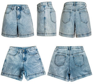 Mid Waist Eco-Friendly Washed Denim Shorts Unisex Casual Solid Color <b>Drawstring</b> Closure 100% Cotton Breathable Front Logo - Product Image 3
