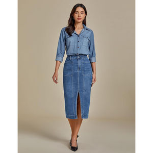 Falda vaquera midi informal de moda para mujer 2026, de talle alto con bolsillos delanteros, por debajo de la rodilla y abertura, estilo vestido maxi lindo - Product Image 5