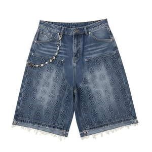 Manufacturer Custom 100% Cotton Double Knee Distressed Vintage Acid Wash Baggy Rhinestone Jorts Denim <b>Jeans</b> Shorts for <b>Men</b> - Product Image 1