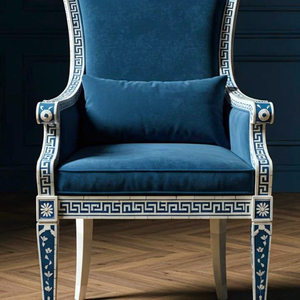 Traditional Bone Inlay Blue Velvet <b>Armchair</b> With Greek Key Pattern Handmade Wood Legs Living Room Furniture - Product Image 4