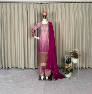 Designer Printed Sequence Embroidery And Lace Border Chinon <b>Top</b> With Pant And Dupatta Fully Stitched Ready To Wear Set - Product Image 4