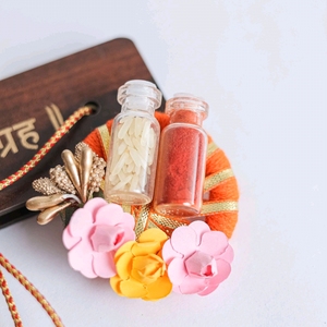 Handcrafted Aarti Sangrah Platter with Decorative Kumkum Holder <b>Rice</b> <b>Container</b> Floral Rakhi Tray Traditional Puja Thali - Product Image 3