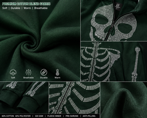 Men’s Dark Green Rhinestone Skeleton Hoodie <b>Jacket</b> with Full Zip Balaclava Mask Crystal Skull Bone Design <b>Gothic</b> Hip Hop Hoodie - Product Image 5