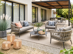 Conjunto de Sofá Moderno de Mimbre para Exteriores con Cojines Grises, Estructura Metálica y Mesa de Centro para Jardín, Patio y Terraza - Product Image 1