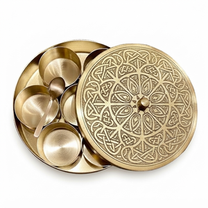 Handcrafted Round Brass Spice Box Intricate Engraved Lid Masala Dabba Kitchen Storage Container With Spoon for Home Hotel Decor - Product Image 1