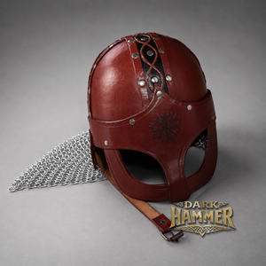 Casque médiéval artisanal en cuir marron style nordique avec chaîne de gilet et protège-cou riveté – Modèle Dark Hammer - Product Image 2