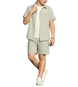Ensemble 2 pièces pour grands garçons, chemise décontractée en coton rayé froissé style bulle, nouvelle collection printemps/été, manches courtes - Product Image 1