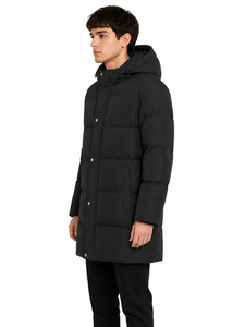 Veste longue à capuche noire pour homme, parka d'hiver isolée de qualité supérieure, fermeture éclair intégrale, fermeture à boutons pression, résistante à l'eau, pour temps froid - Product Image 2