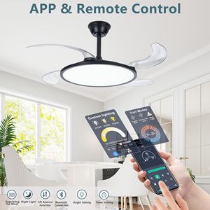 Ventilateur de plafond LED moderne noir de 42 pouces avec pales rétractables, lumière à intensité variable, télécommande, minuterie, design profilé pour salle à manger - Product Image 3