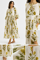 Robe Kaftan Midi à Col en V et Manches Longues en Coton 100% Imprimé Floral de Jaipur, Coupe Classique Bohème Naturelle Respirante pour Femme, Idéale pour l'Été