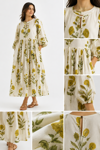 Jaipuri Block Print Floral 100% Cotton Midi <b>Kaftan</b> Dress Women Regular Fit Bohemian Natural Breathable <b>Summer</b> Beach Resort Wear - Product Image 3