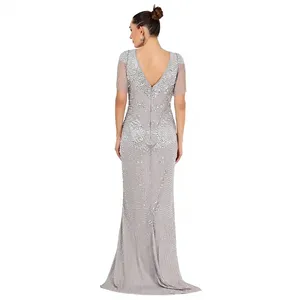 Robe de bal longue en perles argentées, col en V, manches courtes, effet illusion, moulante, pour soirée - Product Image 2