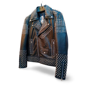 Nouvelle veste en cuir véritable pour femme, style motard rock punk, ornée de strass imprimés et de clous, respirante - Product Image 3