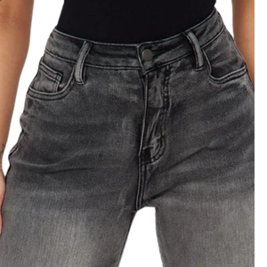 Shorts Bermuda en jean noir et gris taille haute pour femme, coupe ample, décontracté, longueur genou, ourlet brut, délavage enzymatique, Spandex/Coton, été - Product Image 3