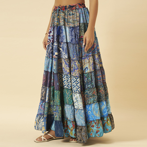 Falda Larga Casual Reversible de Satén con Parches Estilo Bohemio para Mujer, Cintura Elástica con Cordón, Borlas y Volantes, Diseño Paisley Azul - Product Image 6