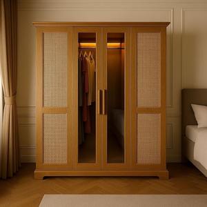 Armario de Esquina Independiente Moderno y Duradero de Madera Maciza y Ratán para Dormitorio, con 2 Puertas Corredizas - Product Image 2