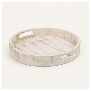 Handcrafted Rustic White Washed <b>Round</b> Wooden Serving <b>Tray</b> With Cutout Handles For Coffee <b>Table</b> Ottoman Decorative Wood Platter - Product Image 3