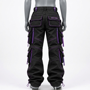 Pantalon cargo noir pour homme avec détails de fermeture éclair violette, multi-poches, coupe ample, utilitaire, bretelles réglables, personnalisable OEM, vente en gros - Product Image 5