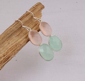 Artisan Rose Quartz Aqua Chalcedony <b>Dangle</b> <b>Earrings</b> 925 <b>Silver</b> Two-Tiered Faceted Multi-Gemstone <b>Earrings</b> Manufacturer - Product Image 5
