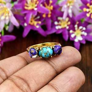 Anillo de Turquesa Azul Cobre Ostra Púrpura con Engaste de Plata de Ley y Oro de 18K - Product Image 4