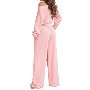 Pink Off-Shoulder <b>Crop</b> <b>Top</b> Hoodies Custom Matching Wide Leg Sweatpants Set Casual Loose Fit Full Sleeve Solid Color Tracksuit - Product Image 2