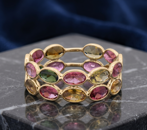 Modern Unique Design High Quality Natural Multi Tourmaline Gemstone Band <b>Ring</b> 18k Yellow Gold Plated Handmade IGI Certified - Product Image 6