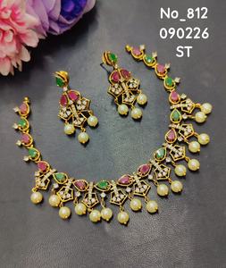 <b>Brass</b> Gold Plated Temple <b>Jewellery</b> Set with Stones & Pearl Drops Bridal Ethnic Party Anniversary Necklace Set - Product Image 2