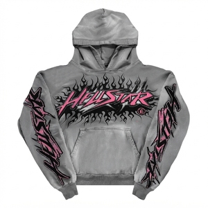 Sweat-shirt décontracté gris pour homme avec logo flamme rose, coupe ample, poche avant, imprimé, 100 % coton molletonné, écologique - Product Image 1