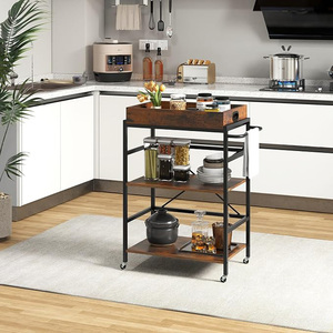 Chariot de bar moderne noir en métal et bois, combinaison bois et métal, 4 roues pivotantes, étagère de rangement - Product Image 1