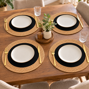 Set de table rond en jute tressé avec centre noir, tissage en jute naturel, style simple, lavable - Product Image 3