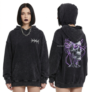 Sudadera con Capucha Azul Eléctrico de 500GSM para Mujer, Diseño Gráfico de Calavera Cibernética, Estilo Desgarrado y Roto, Streetwear Urbano - Product Image 3