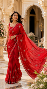 Elegant <b>Red</b> Organza <b>Saree</b> Embroidered Indian Wedding Wear Silk Sarees Women Pakistani Party Wear Bridal Sari Wholesale CHOHAN - Product Image 1