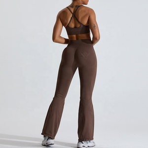 Women's Black 2 Piece Yoga Set Ruched Sports Bra High Waist <b>Flared</b> <b>Leggings</b> Seamless Stretch Activewear - Product Image 3