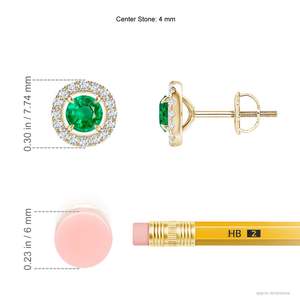 Boucles d'oreilles clous émeraude verte en or jaune 14 carats avec diamants halo et sertissage minimaliste à griffes, bijou de mariage, cadeau pour fiancée - Product Image 2