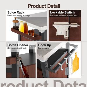 Outdoor <b>Camping</b> Grill Cart with Stainless Steel Tabletop Waterproof Patio Kitchen Island Wheels Spice Rack Hooks - Product Image 3