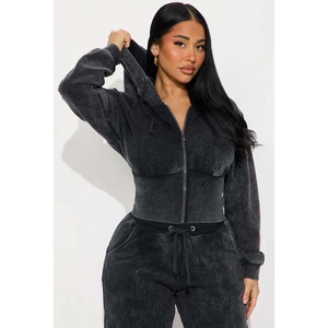 Women's <b>Black</b> Velour Hooded <b>Cropped</b> Zip-Up Sweatshirt Full <b>Sleeve</b> Solid Color Autumn Wear - Product Image 1