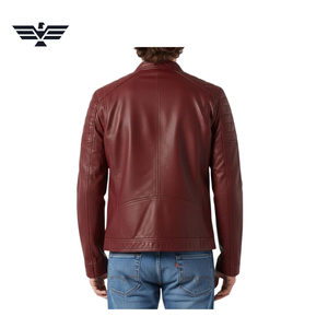 Chaqueta de Motociclista para Hombre, Roja, de Cuero Genuino, Impermeable, Rellena de Plumón, Cuello Alto, Cierre de Cremallera, Corte Ajustado, Color Sólido, para Otoño - Product Image 4